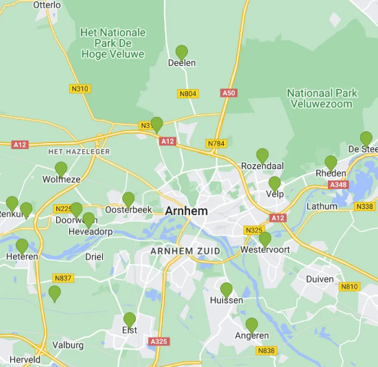 Werkgebied van Bronsdak dakdekker in Arnhem, Nijmegen en omgeving Gelderland